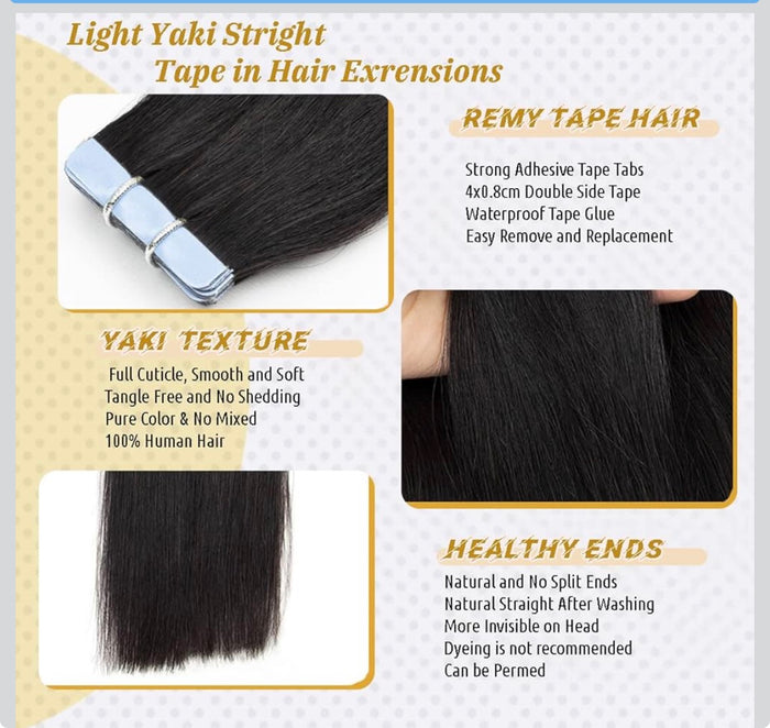 Human Hair Light Yaki Straight Tape in Extensions for Black Women - 20PCS Skin Weft - 9A Brazilian Yaki Hair