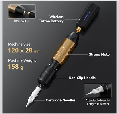 Cordless Tattoo Gun Kit, Solong Rechargeable Battery Tatto Gun with Tattoo Needle Cartridge and Inks,Tattoo Machine Set for Beginners SL-TKP203A-9