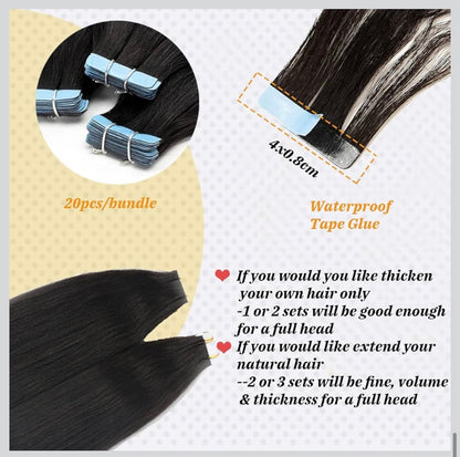 Human Hair Light Yaki Straight Tape in Extensions for Black Women - 20PCS Skin Weft - 9A Brazilian Yaki Hair