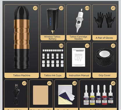 Cordless Tattoo Gun Kit, Solong Rechargeable Battery Tatto Gun with Tattoo Needle Cartridge and Inks,Tattoo Machine Set for Beginners SL-TKP203A-9