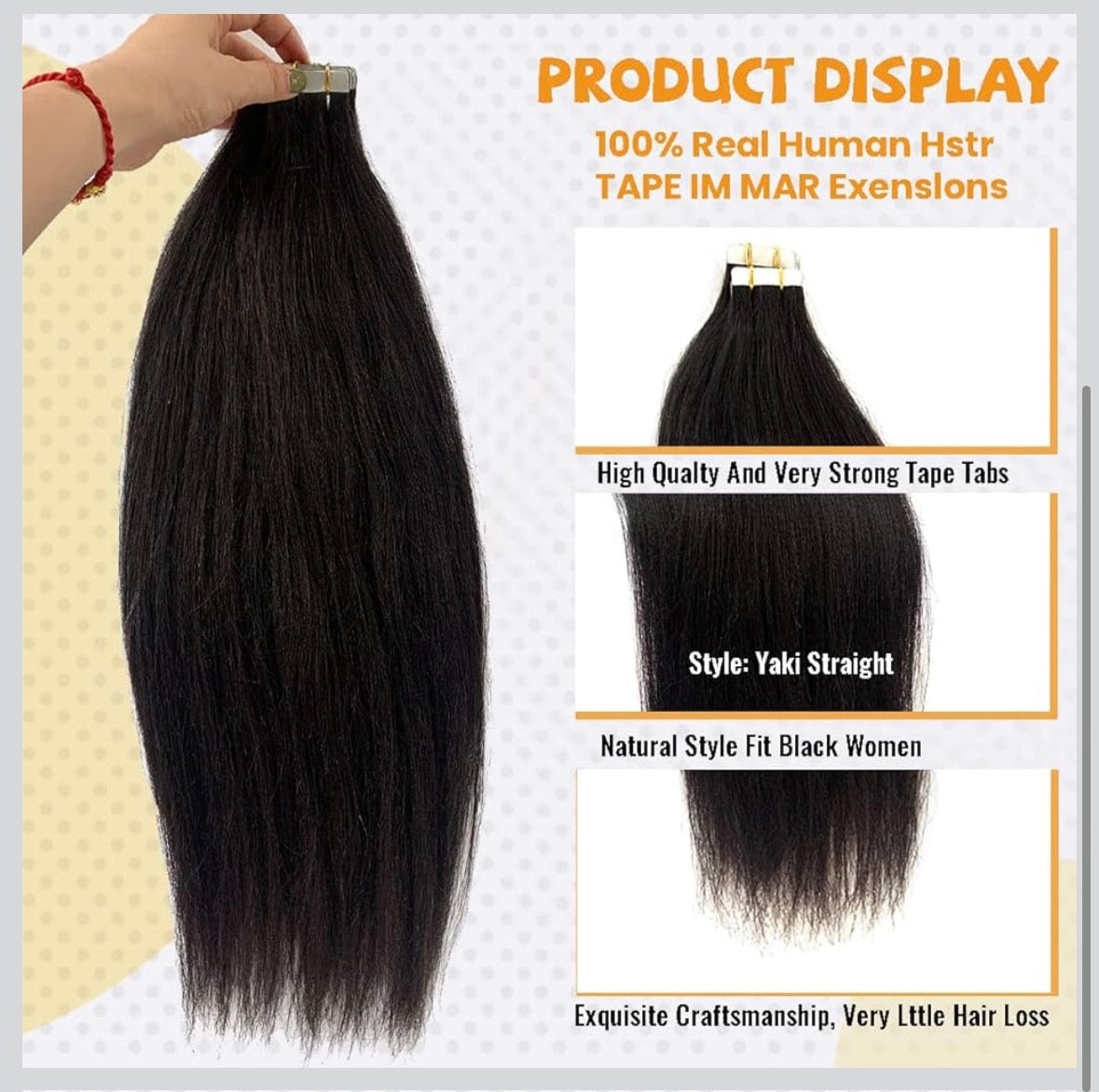 Human Hair Light Yaki Straight Tape in Extensions for Black Women - 20PCS Skin Weft - 9A Brazilian Yaki Hair