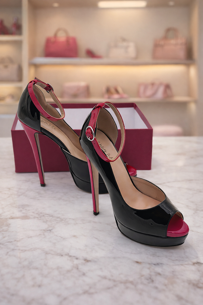 6” Merumote Black & Pink Patent Platform Heels, Ankle Strap