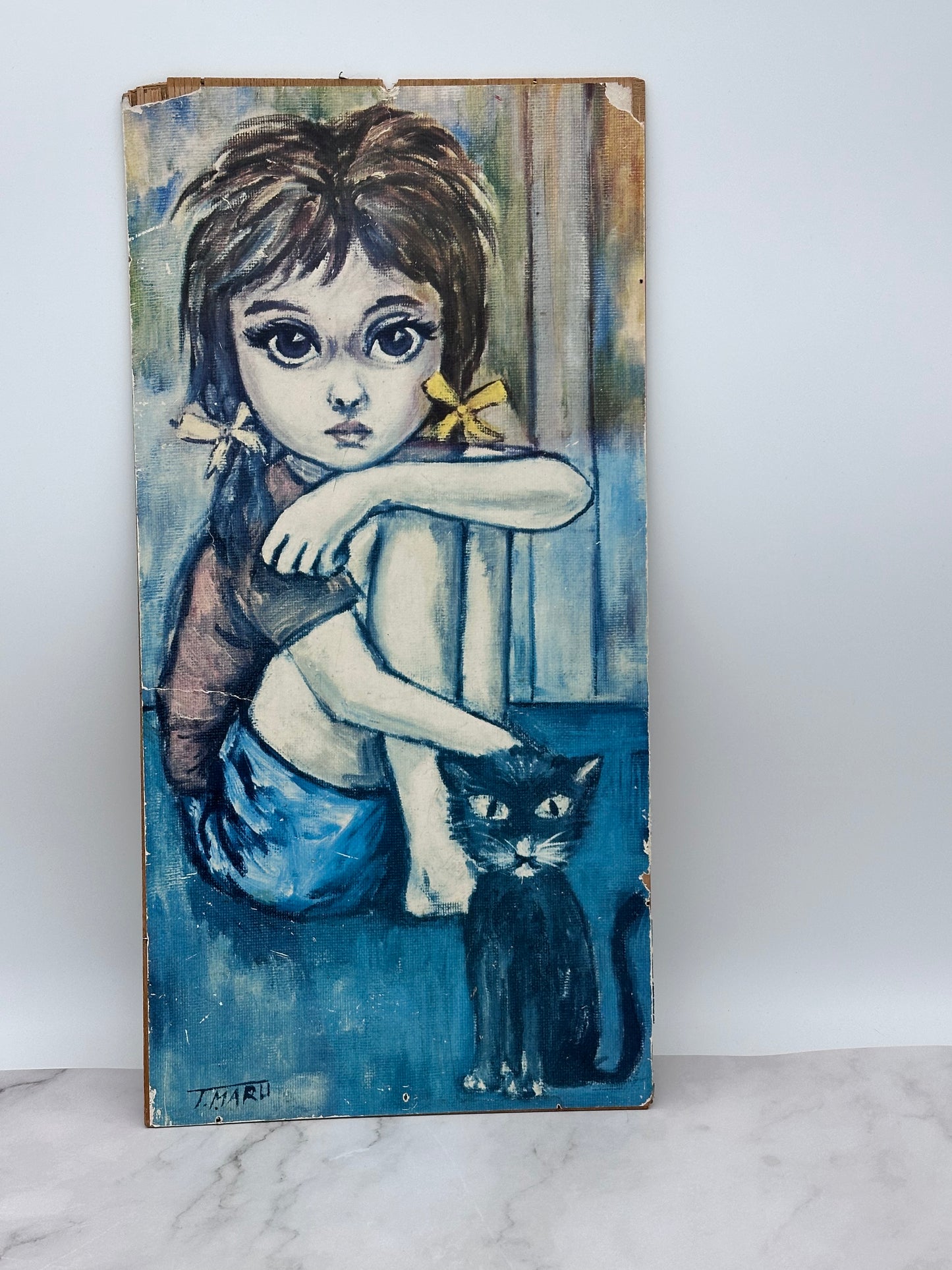 Vintage Big-Eye Girl Artwork with Black Cat