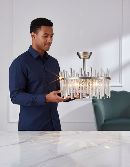 CrossRoad Finds 20" Silver Crystal Fandelier - Modern 2-in-1 Ceiling Fan with Lights & Remote, 6-Speed Enclosed Bladeless Cage Chandelier for Bedroom & Nursery