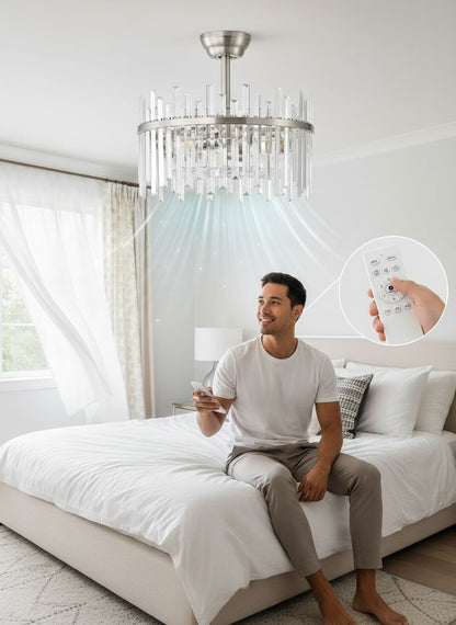 CrossRoad Finds 20" Silver Crystal Fandelier - Modern 2-in-1 Ceiling Fan with Lights & Remote, 6-Speed Enclosed Bladeless Cage Chandelier for Bedroom & Nursery