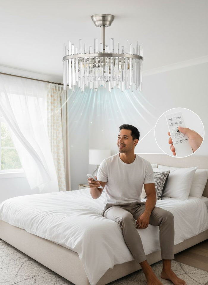 CrossRoad Finds 20" Silver Crystal Fandelier - Modern 2-in-1 Ceiling Fan with Lights & Remote, 6-Speed Enclosed Bladeless Cage Chandelier for Bedroom & Nursery