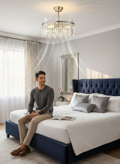 CrossRoad Finds 20" Silver Crystal Fandelier - Modern 2-in-1 Ceiling Fan with Lights & Remote, 6-Speed Enclosed Bladeless Cage Chandelier for Bedroom & Nursery