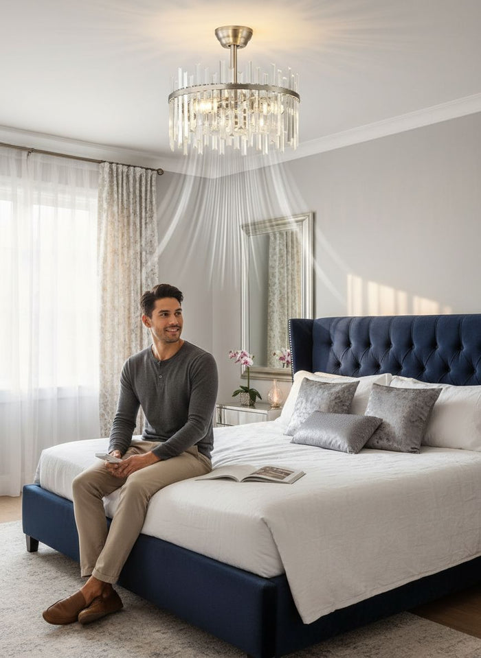 CrossRoad Finds 20" Silver Crystal Fandelier - Modern 2-in-1 Ceiling Fan with Lights & Remote, 6-Speed Enclosed Bladeless Cage Chandelier for Bedroom & Nursery