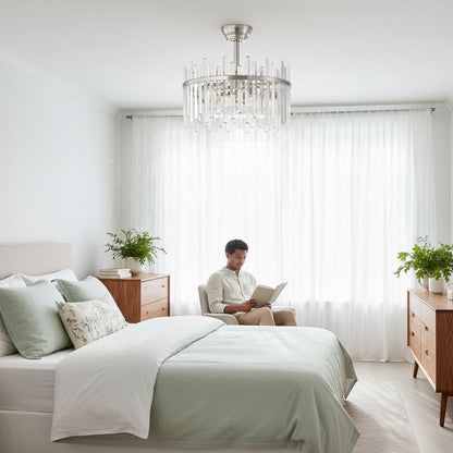 CrossRoad Finds 20" Silver Crystal Fandelier - Modern 2-in-1 Ceiling Fan with Lights & Remote, 6-Speed Enclosed Bladeless Cage Chandelier for Bedroom & Nursery