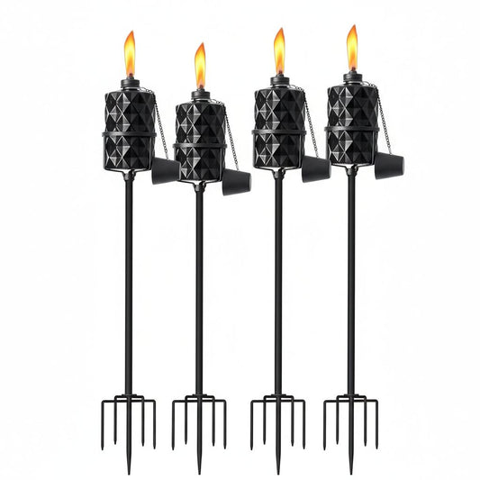 CrossRoad Finds 4-Pack 60" Outdoor Glass Torches – 13.5oz Citronella Fuel Canisters with Heavy-Duty 5-Prong Ground Stakes – Black Landscape Lanterns for Garden, Patio & Backyard Decor