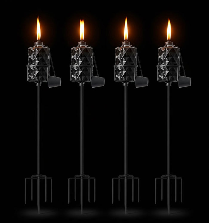 CrossRoad Finds 4-Pack 60" Outdoor Glass Torches – 13.5oz Citronella Fuel Canisters with Heavy-Duty 5-Prong Ground Stakes – Black Landscape Lanterns for Garden, Patio & Backyard Decor