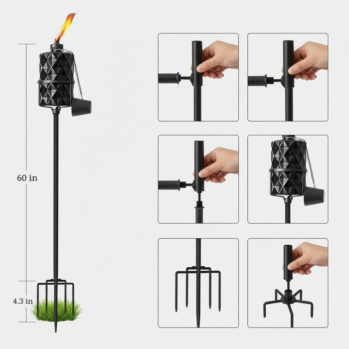 CrossRoad Finds 4-Pack 60" Outdoor Glass Torches – 13.5oz Citronella Fuel Canisters with Heavy-Duty 5-Prong Ground Stakes – Black Landscape Lanterns for Garden, Patio & Backyard Decor