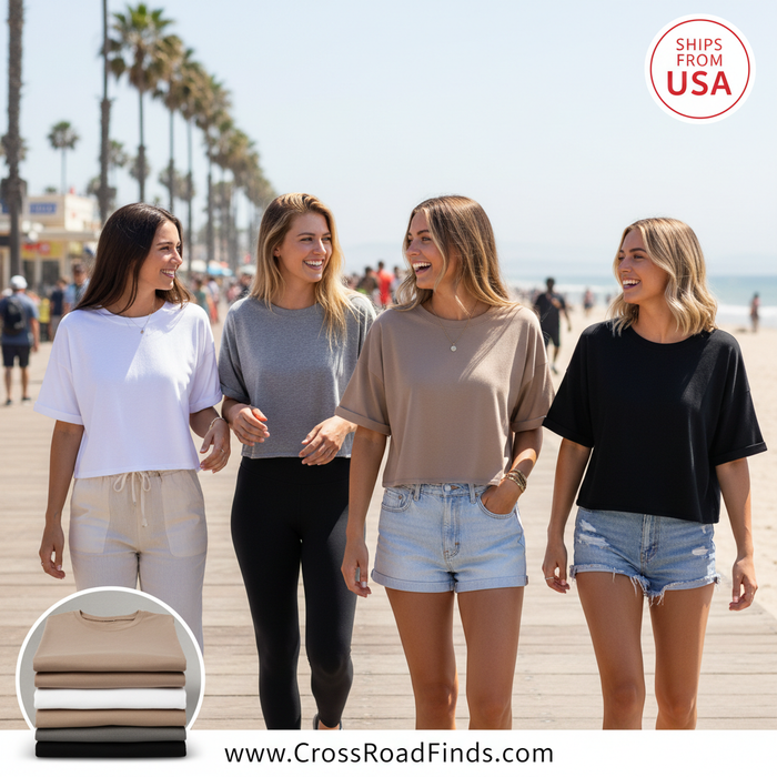 Essential 4-Pack Oversized Cotton Crop Tees - Relaxed Fit